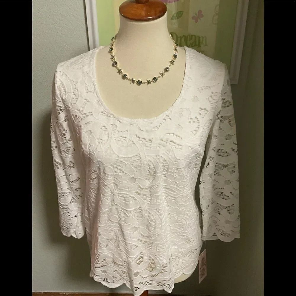 NWT Nanette Lepore Lined Lace 3/4 Sleeve Cannoli Cream zipper Back Top #119